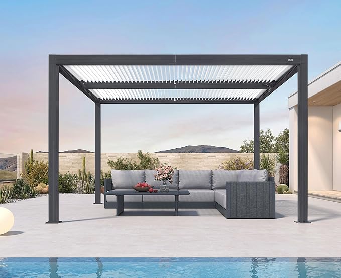 PURPLE LEAF Louvered Pergola 10' x 12' Outdoor Aluminum Pergola with Hidden Drainage System and White Adjustable Sun Shade Roof Patio Hardtop Small Pergolas for Deck Porch Garden