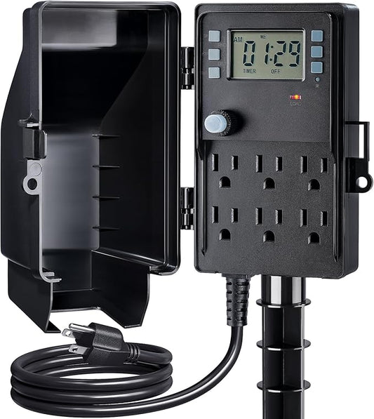 SURAIELEC Outdoor Power Stake, 7-Day Programmable Digital Timer, Power Strip Weatherproof, 6 Multi Plug Electrical Outlet Waterproof, 6FT Extension Cord, for Outside Yard Light, Halloween Decorations