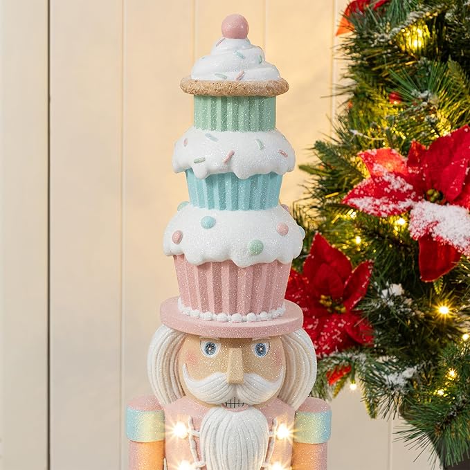 Glitzhome Christmas Front Porch Decor, Lighted Macaron Pink and Blue Resin Xmas Cupcake Nutcracker Porch Decor w/Timer for Indoor Outdoor Patio Standing Decor, 28" H