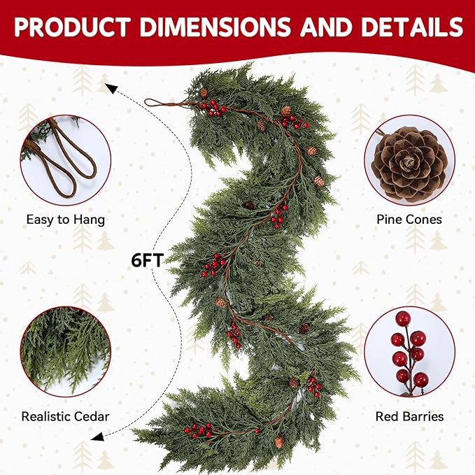 6FT Artificial Cedar Christmas Garland Real Touch Realistic Soft and Thickness Garland Faux Full Greenery Holiday Garland for Mantel, Fireplace, Front Door, Indoor Outdoor Xmas Decoration