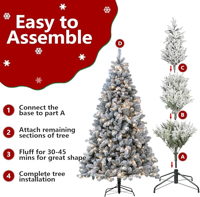 Flocked Christmas Tree, 6 ft Prelit Christmas Tree with Lights, 10 Functions, 250 Lights, Spruce Artificial Christmas Tree Prelit with Realistic Tips & Sturdy Metal Base Easy Assembly