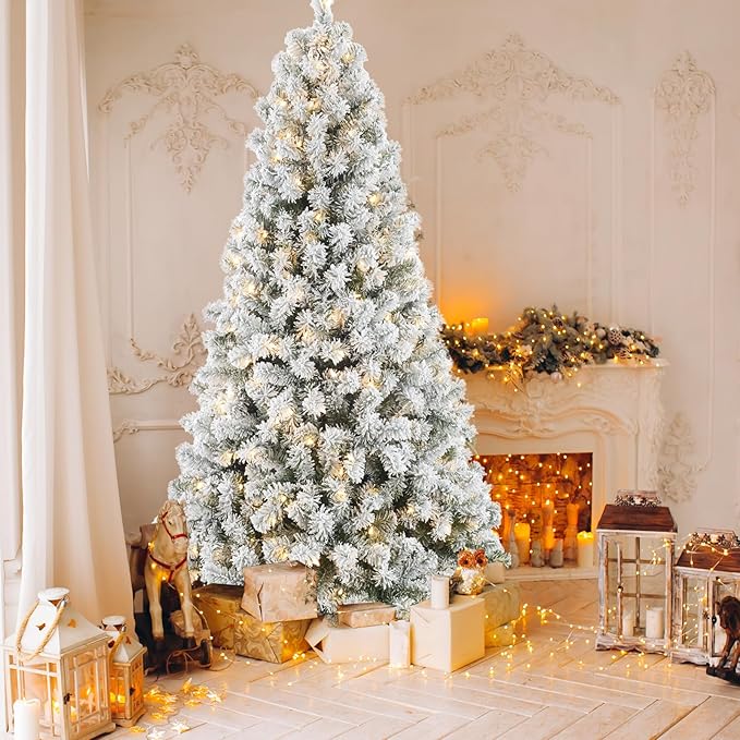 7.5ft Flocked Christmas Tree Prelit, Frosted Artificial Christmastree with 420 Warm White Lights, 1321 Snowy Branch Tips - Ideal for Home, Office, Party, or Holiday Decor