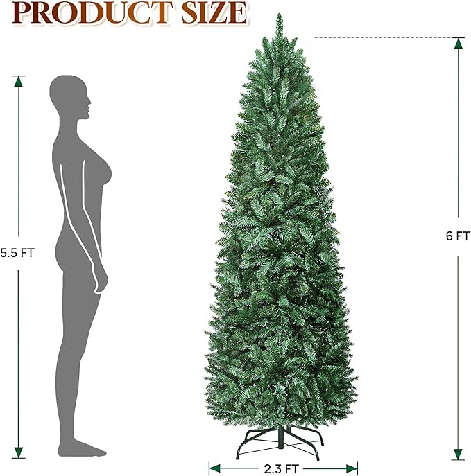 HOLLO STAR 6 ft Prelit Christmas Tree with 247 LED Lights, App Control, Artificial Pencil Christmas Tree with Multi-Color RGBW Lights, 715 Branch Tips, Skinny Xmas Tree, Metal Base, for Home, Party