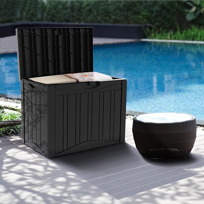 50 Gallon Plus Resin Deck Box, Waterproof Outdoor Storage Bin for Patio, Poolside, and Garden, Lockable & UV-Resistant, Ideal for Small Spaces, Black