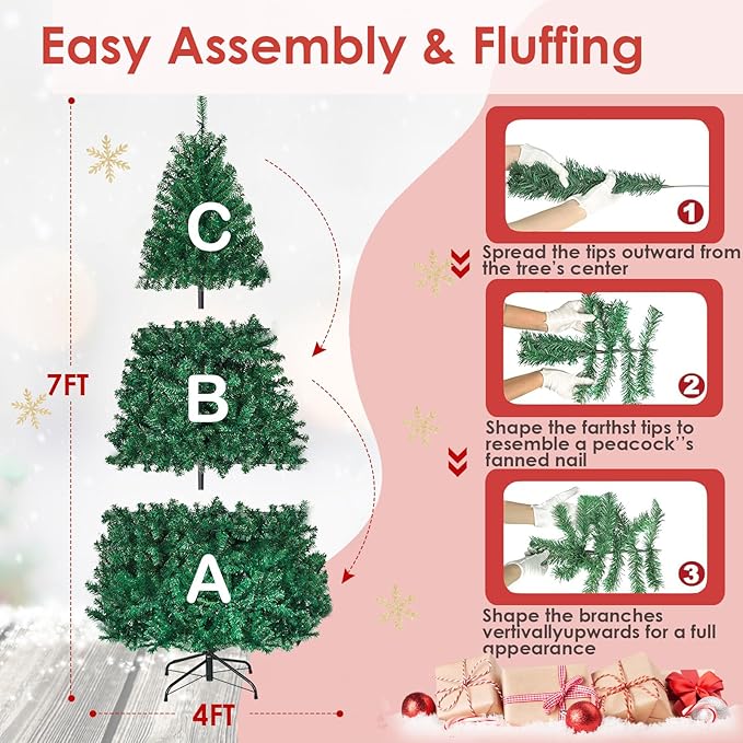 7ft Prelit Christmas Tree, Indoor Xmas Tree w/ 1096 PVC Branch, Pre-Strung 300 Warm White LED Lights & Metal Hinge,Easy Set Up, Artificial Christmas Tree for Home, Holiday, Party Decoration