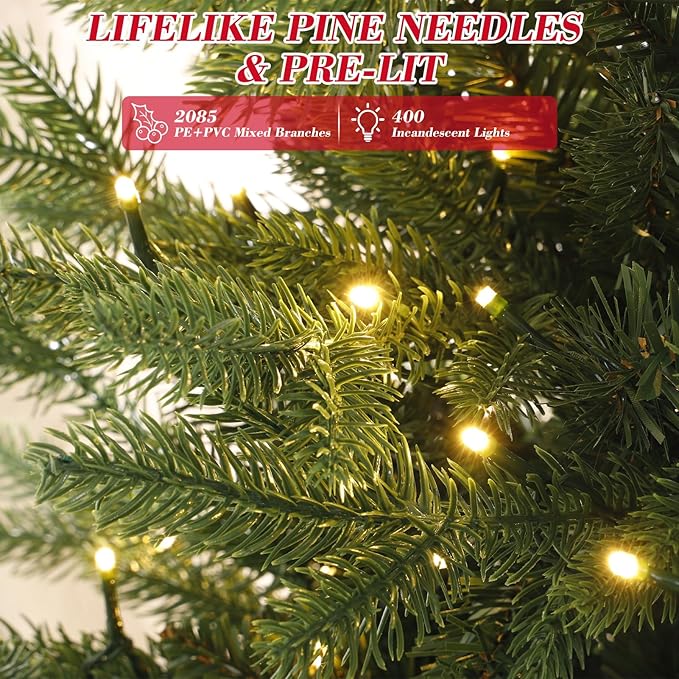 6ft Christmas Tree Prelit w/ 2085 PE & PVC Mixed 'Feel Real' Branch Tips, 400 Warm LED Lights, Hinged Spruce Artificial Xmas Tree with Metal Stand & Storage Bag for Home, Office, Party Décor