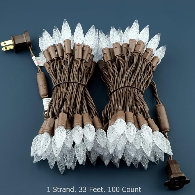 YULETIME Warm White C6 Strawberry LED Christmas Lights, 33 ft 100 Count 4" Spacing One-Piece High Waterproof UL Certified String Light (Warm White - Brown Wire)