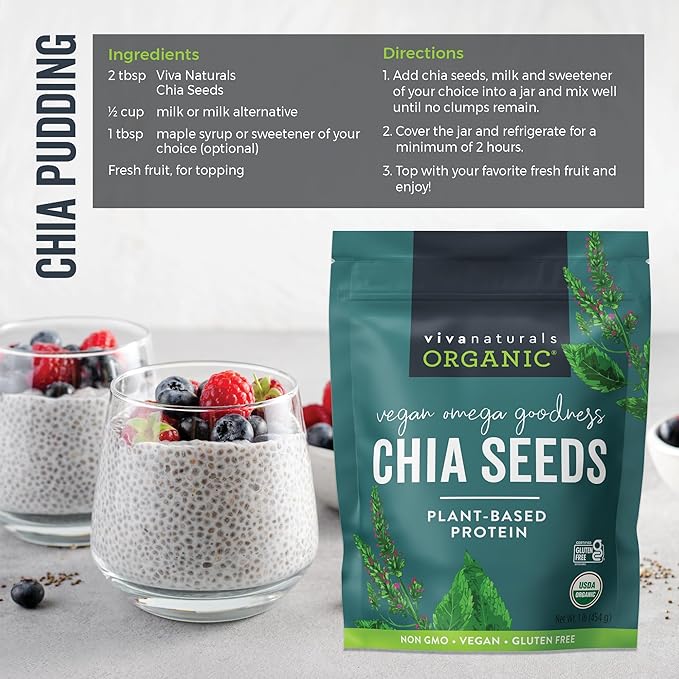 Viva Naturals Organic Chia Seeds, 1 lb (454 g) – Plant-Based Omega-3 and Vegan Protein, Gluten Free & Non-GMO, Perfect for Smoothies, Salads & Chia Pudding