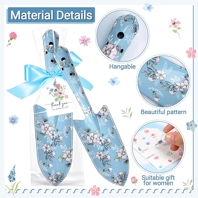 Capoda 12 Sets Floral Garden Shovels Bulk Gardening Gift for Women Mini Garden Tools Heavy Duty Floral Hand Trowels Thank You Cards with Gift Bags for Mom Birthday Teacher Employee (Blue,Bright)