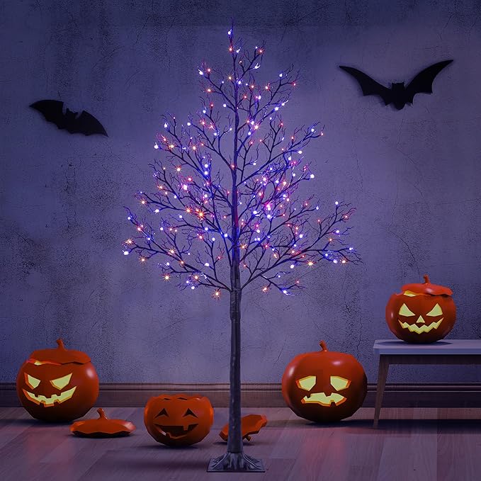 LIGHTSHARE 6FT Halloween Willow Tree 200 LED Lights Artificial Black Spooky Tree for Home, Festival, Nativity, Party, Indoor and Outdoor Use (Orange & Purple, 6FT)