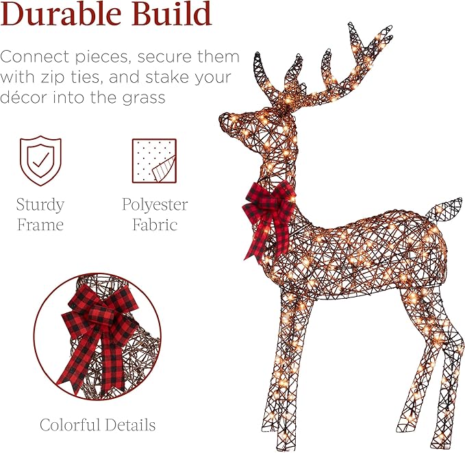 Best Choice Products 6.5ft 3-Piece Large Lighted Christmas Deer Family Set, Outdoor Yard Decoration with 385 LED Lights, Stakes, Zip Ties - Rattan
