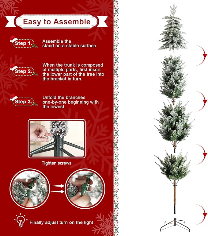 Glitzhome 9ft Prelit Christmas Tree, Artificial Christmas Tree with 470 Warm White Lights, Flocked Pencil Christmas Tree Chicago Frostwood Spruce w/1581 PE&PVC Branch Tips and Sturdy Metal Stand
