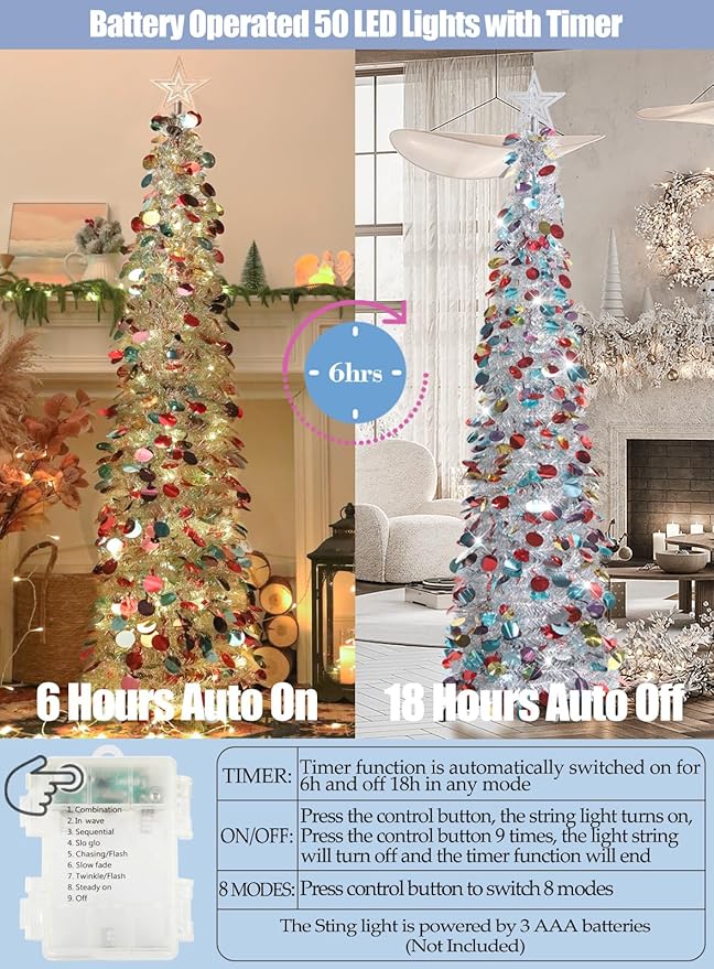 HMASYO 5 FT Pop Up Christmas Tree with Timer Lights, Silver Christmas Tinsel Tree, Collapsible Artificial Pencil Christmas Tree for Indoor Home Apartment Porch Holiday Party Decorations