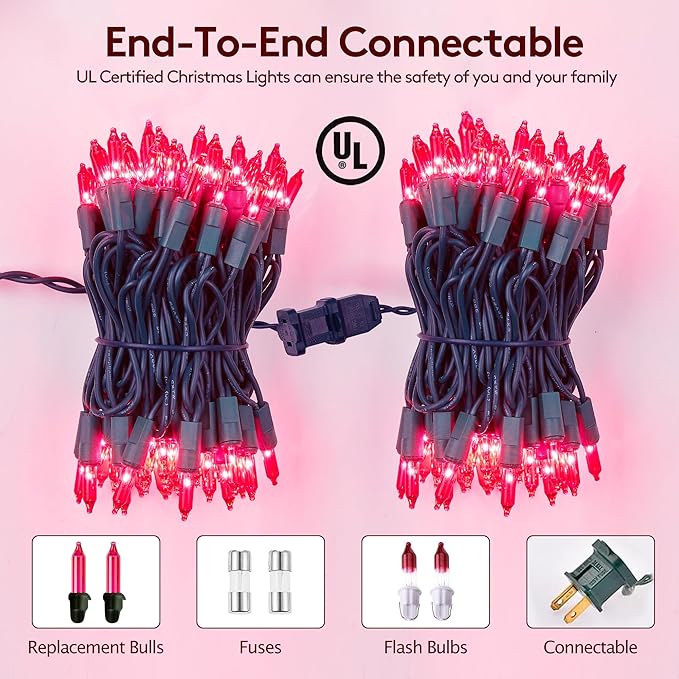 Christmas Lights Indoor Outdoor 100 Count Incandescent Light UL Certified Connectable Christmas Tree Lights with Green Wires for Xmas, Wedding, Holiday, Party, Home, Valentines Day Decoration(Pink)
