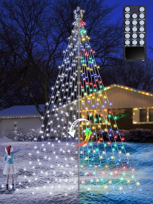 Lomotech Color Changing Christmas Tree Lights - 16Ft 664 LED with 10.5" Topper, Remote Controll Waterproof Iron Pole Waterfall Lights for Outdoor Christmas Decorations (White to Multicolor)