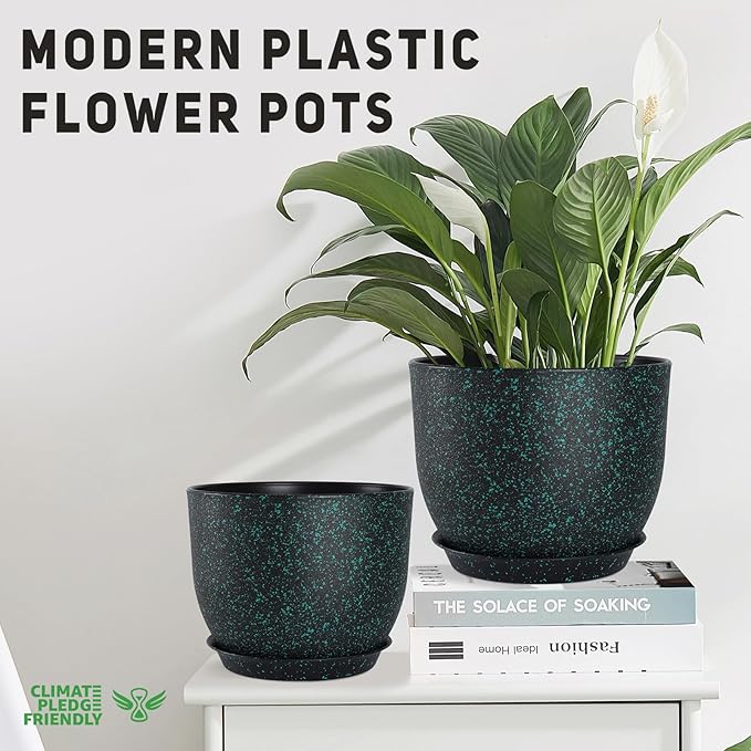 Plant Pots 10/9/8/7.5/7 inch Set of 5,Flower Pots with Multi Mesh Drainage Holes, Large Planters for Indoor Outdoor Garden Plants and Flowers. (Green Speckles)