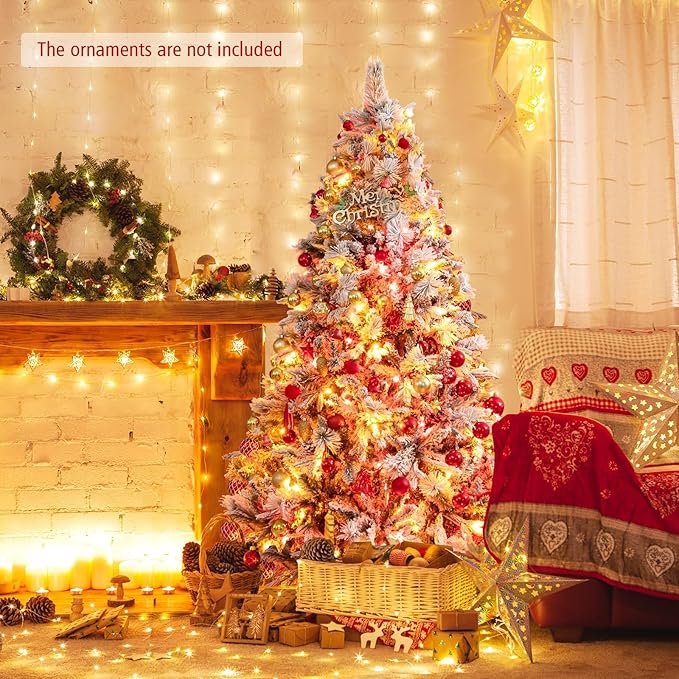 HAPPYGRILL 6 FT Pre-lit Artificial Christmas Tree, Snow-Flocked Xmas Tree with 240 Multi-Color LED Lights, 8 Lighting Modes, 850 Branch Tips, Pine Needles, Hinged Tree for Home Office Party