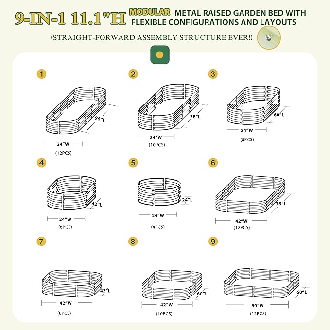 MUPATER 8x2x1 ft Raised Garden Bed Outdoor for Vegetables, 9-in-1 Galvanized Metal Planter Box, 11.1'' H Modular Garden Bed Kit Oval for Herbs and Flowers, Pearl White