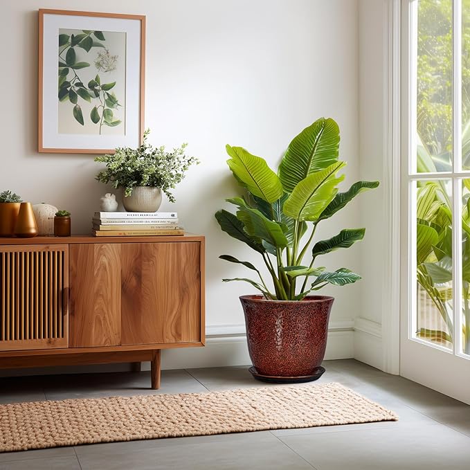 Ceramic Pots for Plants - 12 Inch Plant Pot for Indoor Outdoor, Round Planter with Drainage Hole and Saucer, Large Decorative Planters, Modern Flower Pot, Office Decor, Garden Gifts, Red