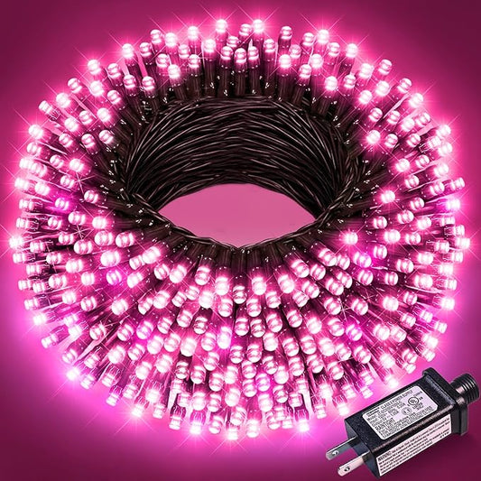 100FT 300 LED Christmas Lights Outdoor, Green Wire Christmas Tree Lights with 8 Modes Waterproof, Connectable String Lights for Outside for Indoor Garden Patio Party Wedding Decorations, Pink