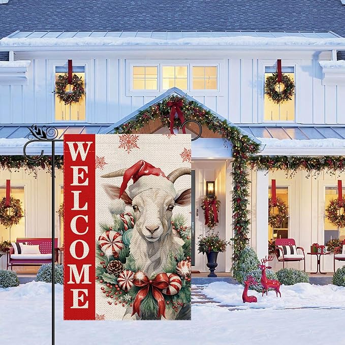Christmas Garden Flag Welcome Xmas Goat Winter Holiday Decorations Burlap Vertical Double Sided Farmhouse Yard Lawn Outdoor Decor 12.5 x 18 Inch