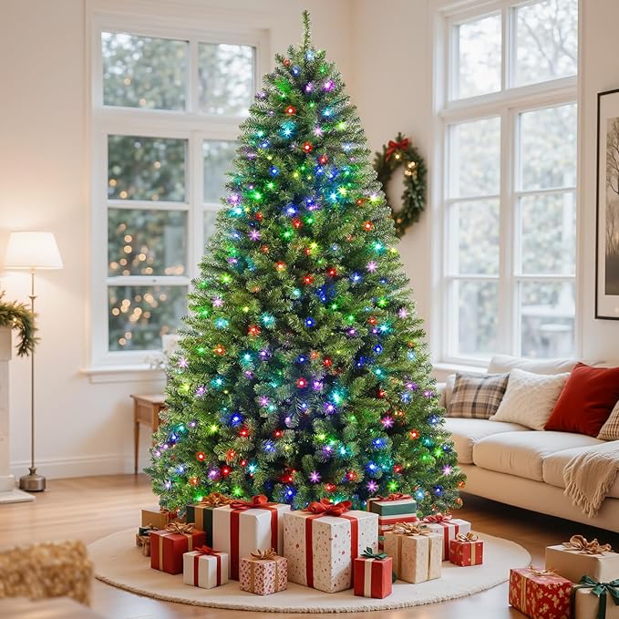 SHareconn 7.5ft Prelit Artificial Classic Spruce Christmas Tree with Remote Control,470 Warm White & Multi-Color LED RGB Lights, 1264 Branch Tips,7.5 FT Perfect Choice for Home Xmas Decoration,Green