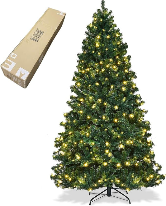 ERGOMASTER 8FT Pre-lit Artificial Christmas Tree with Lights, Fake Green Xmas Tree with 1438 Hinged Branch Tips, 430 LED Warm White Incandescent Lights & Foldable Metal Stand for Holiday Home Party