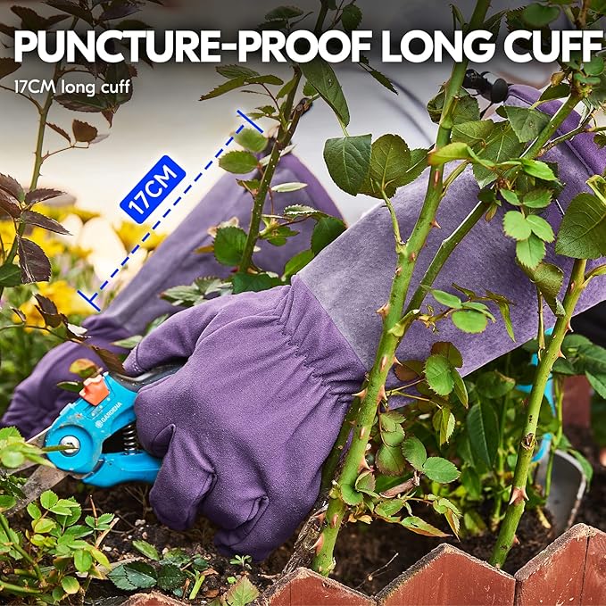 Vgo... Ladies' Synthetic Leather Extended Pig Split Leather Cuff Rose Pruning Thorn Proof Garden Gloves (Size L, Purple,SL6592W)