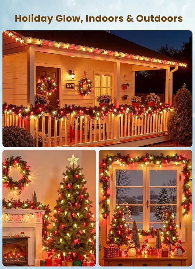 C9 LED Christmas Lights Outdoor, 66 Feet 100 LED C9 String Light with 100 Spring Clips, Waterproof Connectable Christmas Tree Lights for Outside Roofline Patio Home Xmas Decor, Red & Warm White
