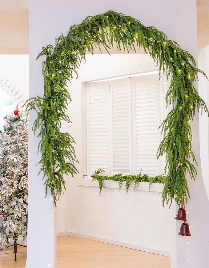 MISSPIN 9ft Christmas Garland with Lights, Real Touch Norfolk Pine Garland, Green Artificial Greenery Garland for Table, Mantle, Wall, Indoor, Outdoor Christmas Decorations
