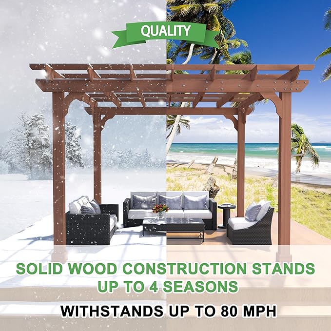 BlueWish 10'x10’ Outdoor Pergola, Patio Fir Wood Gazebo Outdoor Backyard Gazebo Pergola Kits with Slatted Roof Trellis & Stakes for Deck Grill Party Garden