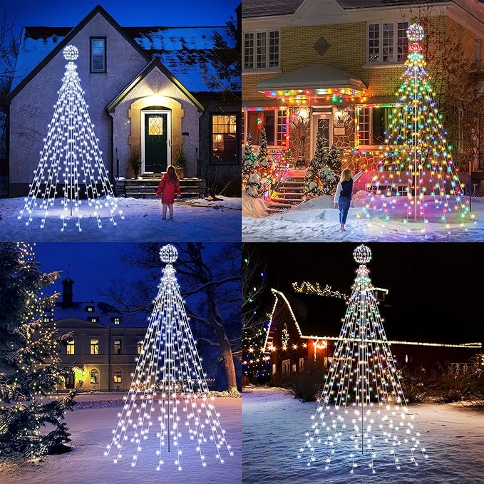 Lomotech Color Changing Christmas Tree Lights - 10Ft 444 LED with 7.8" Ball, Remote Controll Waterproof Iron Pole Waterfall Lights for Outdoor Christmas Decorations (White to Multicolor)