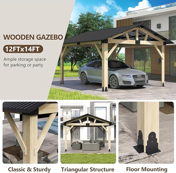 Wood Gazebo 12'x14', Cedar Wooden Gazebos, Outdoor Hardtop Gazebo with Waterproof Steel Roof, Fit Patio, Backyard, Garden, Lawns, Porch