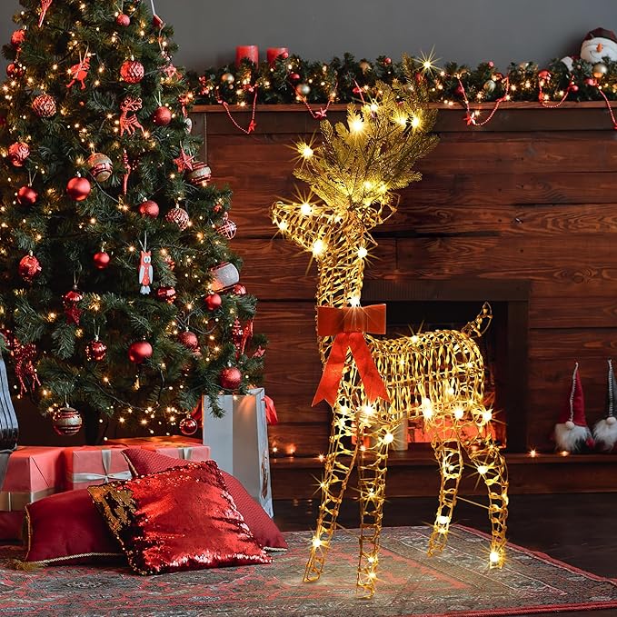 LightsUp Christmas Reindeer Outdoor, 51" H Lighted Reindeer Outdoor Christmas Decor 70 Warm White LED, 3D Rattan Deer Standing Twinkle Deer for Home Yard Patio Garden Outside Decorations