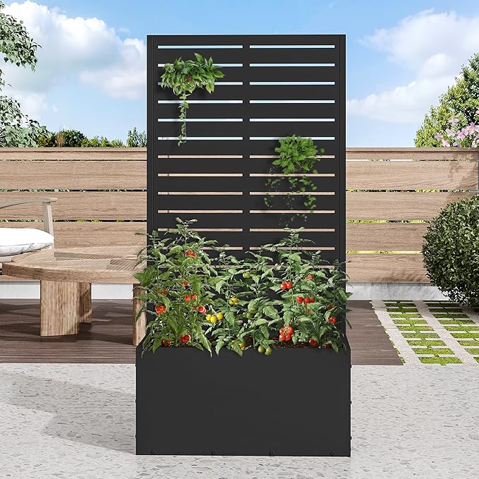 Casaphoria Metal Raised Garden Bed, 47"x24"x12" Planter Box for Climbing Plants, Vegetables & Vines, Features Drainage Holes and Privacy Screen (Black-Louvered)