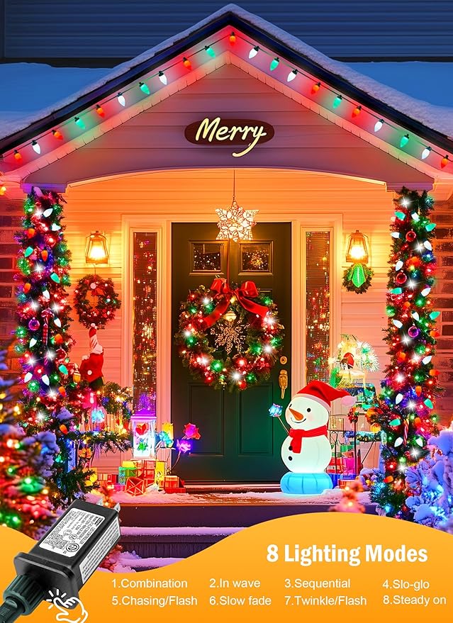 C9 Christmas Lights Outdoor Waterproof, 81 Feet 100 LED C9 String Lights with Timer & 8 Light Mode, Connectable Christmas Tree Lights for Indoor Outside Roofline Decoration, Red, Green & Pure White
