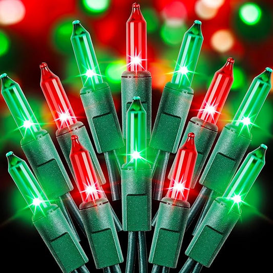 Red and Green Christmas Lights 100 Count Incandescent Light UL Certified Connectable Christmas Tree Lights with Green Wires for Indoor Outdoor Xmas, Wedding, Holiday, Party, Home Decorations