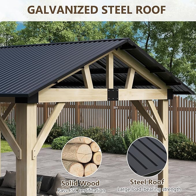 Wood Gazebo 12'x14', Cedar Wooden Gazebos, Outdoor Hardtop Gazebo with Waterproof Steel Roof, Fit Patio, Backyard, Garden, Lawns, Porch