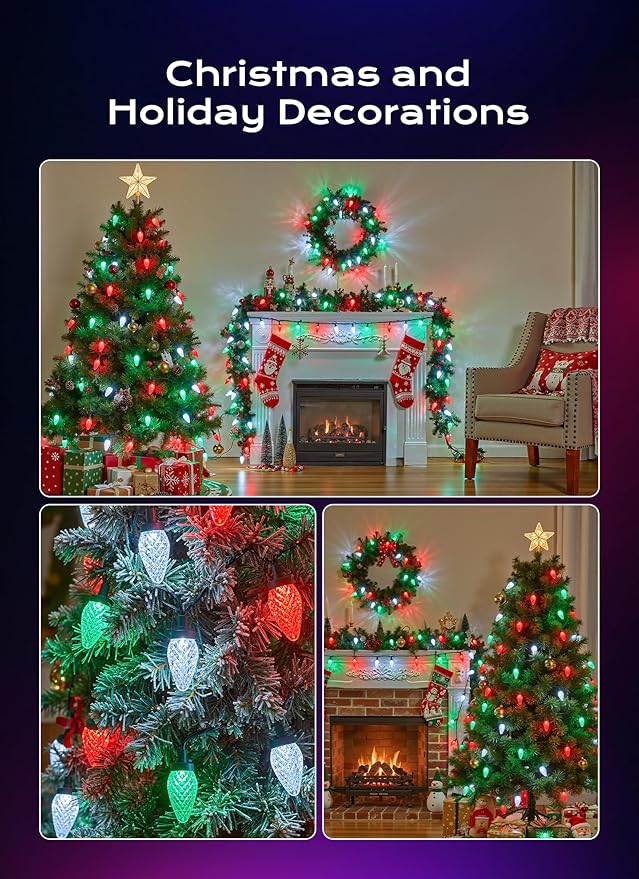 Minetom C9 Christmas Lights Outdoor, 100 FT 150 LED Connectable C9 String Lights with 8 Modes and Timer Xmas Tree Patio Garden Yard Holiday Party Indoor Outdoor Decoration, Red, Green and White