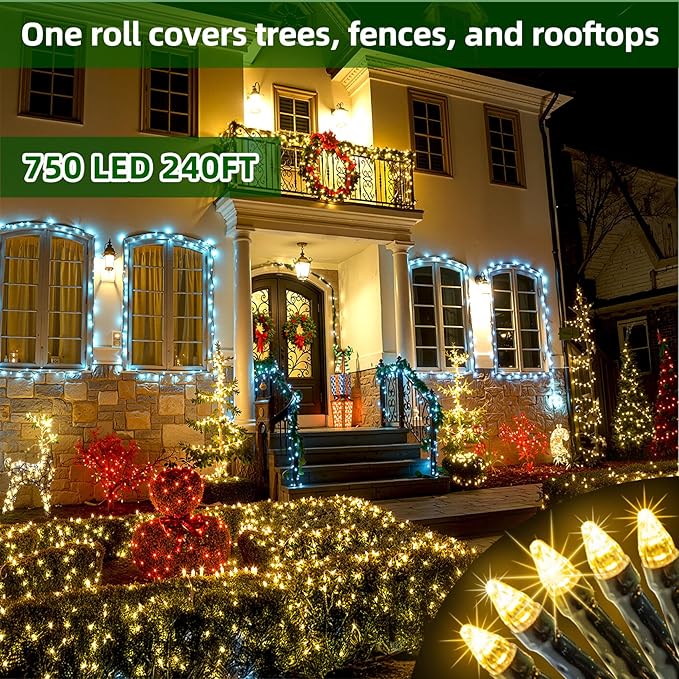 750 LED 240FT Christmas Lights Outdoor,12 Lighting Modes Christmas String Lights with Timer, Dimmable Warm White LED StringLights Waterproof for Yard Tree Wedding Party Holiday Warm White