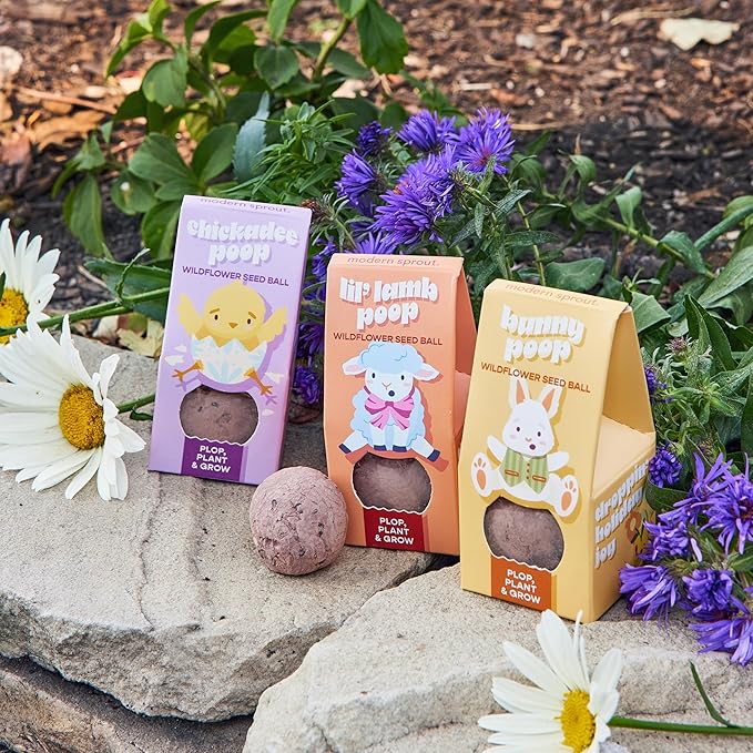 Modern Sprout Wildflower Seed Ball Poop - Easter Basket Essentials - Non-GMO, Hand-Rolled Clay Seed Bombs with Wildflower Seeds - Gardening Gift Set for Kids & Adults - (Easter Plop - Pack of 3)