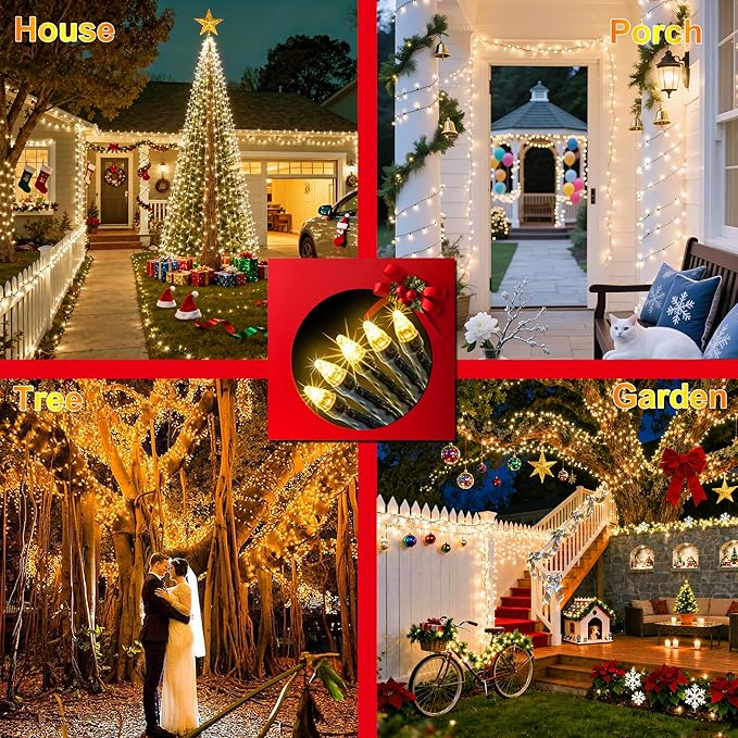 350LED 90FT Christmas Lights Indoor Outdoor, 12 Modes Warm White Outdoor String Lights with Timer & Dimmable, Green Wire Christmas String Lights for Indoor Tree Patio Yard Fence Bedroom Wedding Garden