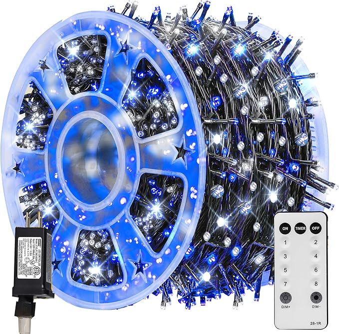 TW SHINE Christmas Lights, 600 LED 196FT Christmas String Lights Plug-in with 8 Modes Timer and Remote, Waterproof Outdoor Decorations for Bedroom Wedding Party Yard Tree Decor, Blue & White