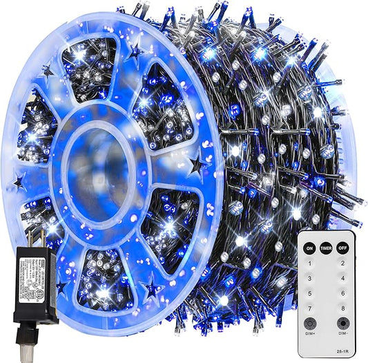 TW SHINE Christmas Lights, 600 LED 196FT Christmas String Lights Plug-in with 8 Modes Timer and Remote, Waterproof Outdoor Decorations for Bedroom Wedding Party Yard Tree Decor, Blue & White