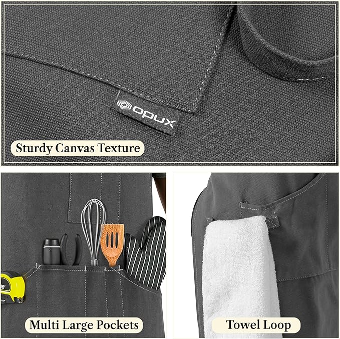 opux Chef Apron for Men, Kitchen Apron with Pockets for Women, Large Unisex Canvas Apron for Cooking Grilling BBQ Baking.