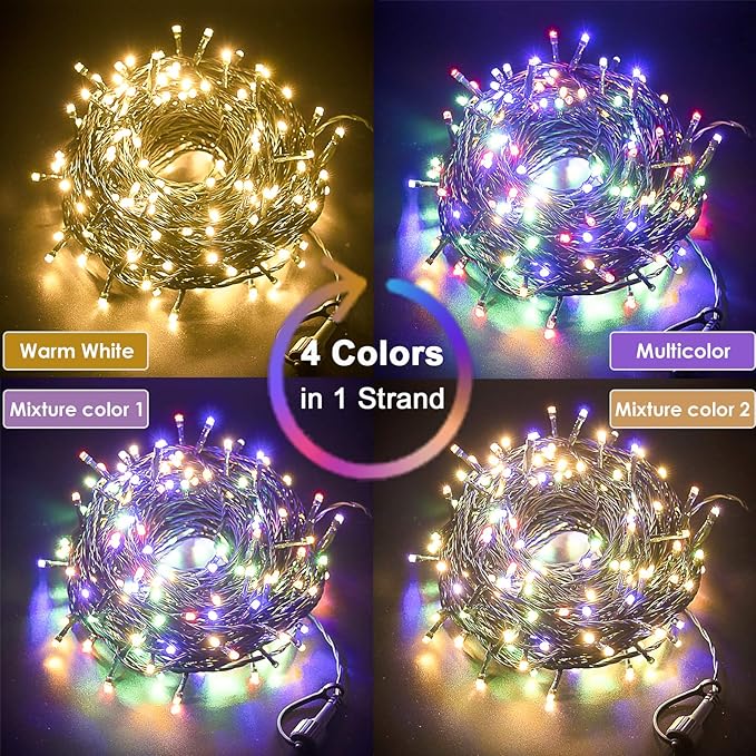 Decute 300LED Christmas Tree Lights Outdoor Indoor String Lights 108FT Extendable, 11 Modes 4 Colors Changing Waterproof Twinkle Fairy Lights Party Decor with Timer Remote(Warm White & 3 Multicolors)