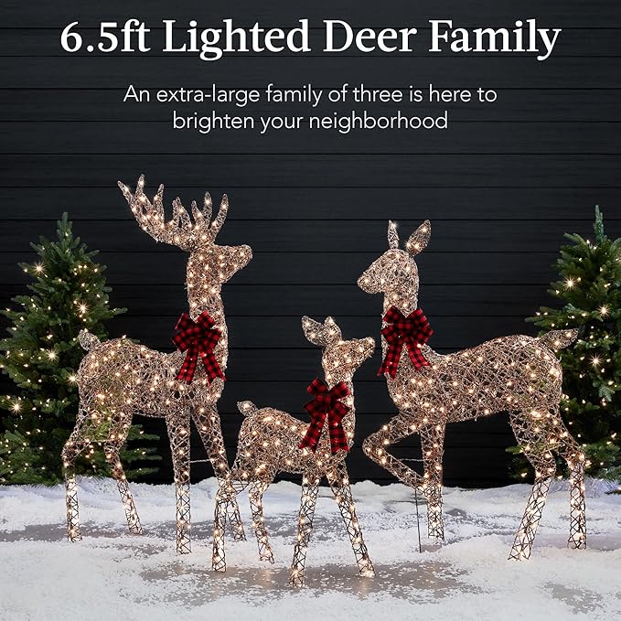 Best Choice Products 6.5ft 3-Piece Large Lighted Christmas Deer Family Set, Outdoor Yard Decoration with 385 LED Lights, Stakes, Zip Ties - Rattan