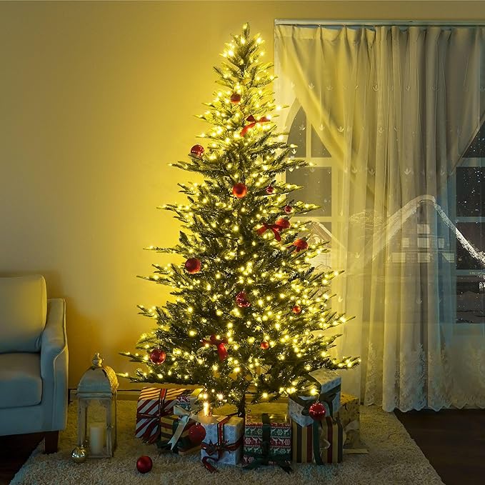 Naomi Home Lujan 7.5ft Prelit Aritificial Christmas Tree with 1266 Branch Tips, 700 Warm Lights and Metal Stand, 55" Wide Realistic Nordic Christmas Tree with Lights