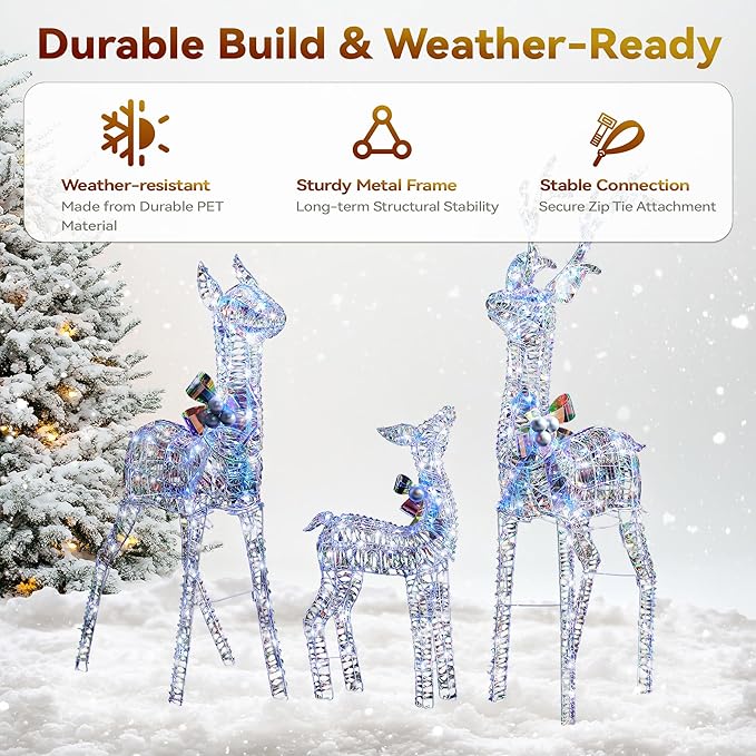 3-Piece Iridescent Christmas Deer Outdoor Decorations, 4.5ft Reindeer Family Set Outdoor Lighted Display with 350 LEDs, 2025 Upgraded Rattan, Stakes & Zip Ties for Long-Lasting Yard Garden Decor
