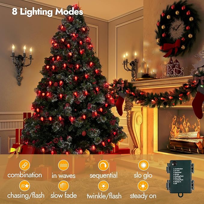 WBao C6 60 LED 20ft Battery Operated Christmas String Lights with 8 Modes, Timer, Waterproof Design for Indoor Outdoor Christmas Trees, Fence, Stairs Xmas Decorations, Red